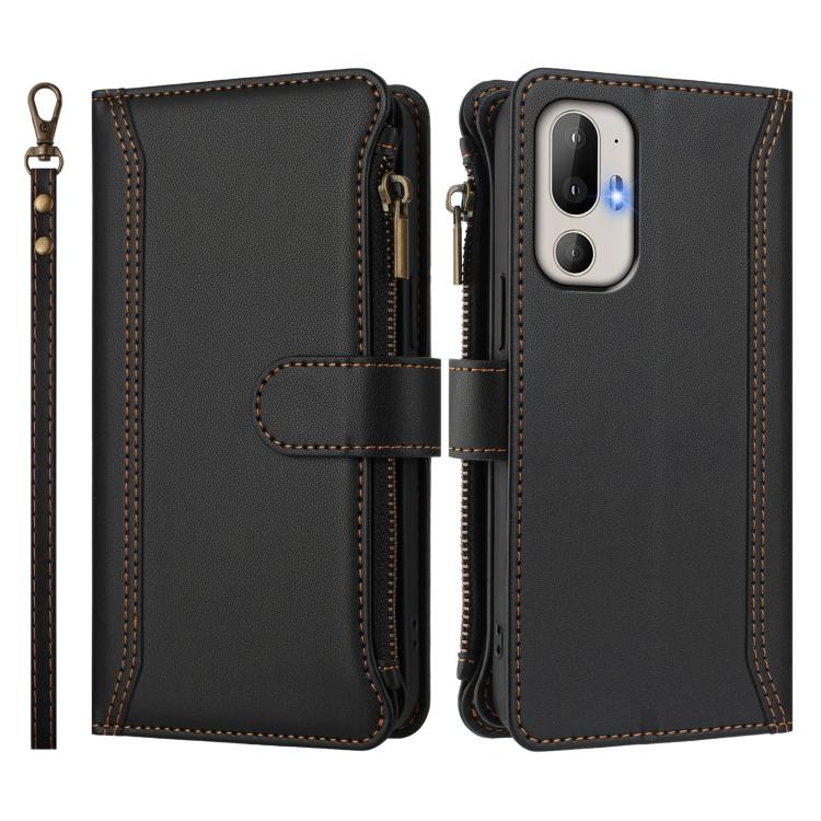 For HTC U24 Pro Magnetic Closure 9 Card Slots Zipper Leather Case with Hand Strap
