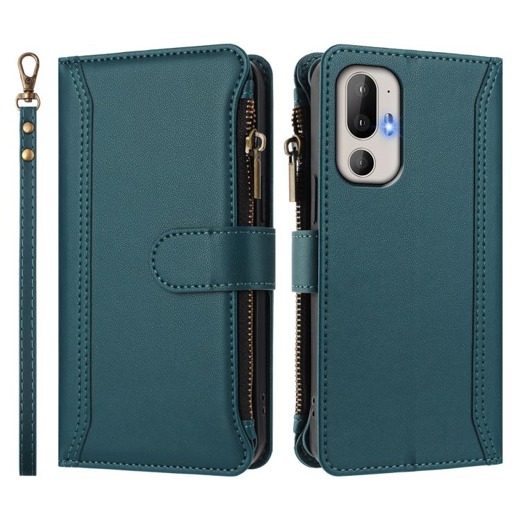 For HTC U24 Pro Magnetic Closure 9 Card Slots Zipper Leather Case with Hand Strap