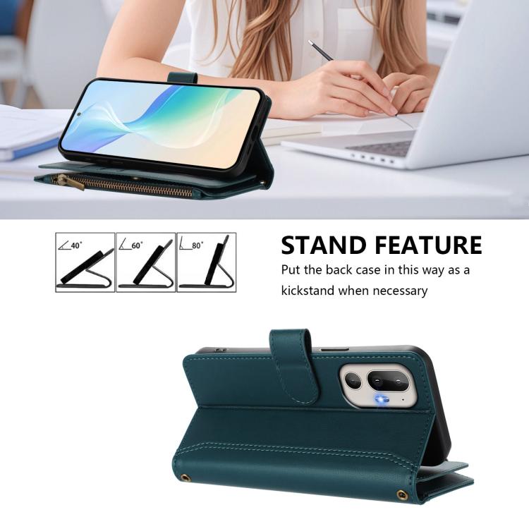 For HTC U24 Pro Magnetic Closure 9 Card Slots Zipper Leather Case with Hand Strap