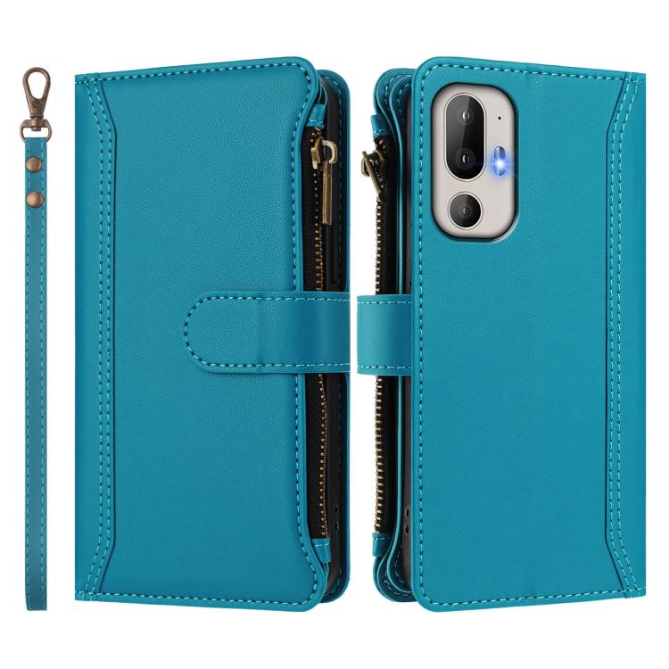For HTC U24 Pro Magnetic Closure 9 Card Slots Zipper Leather Case with Hand Strap