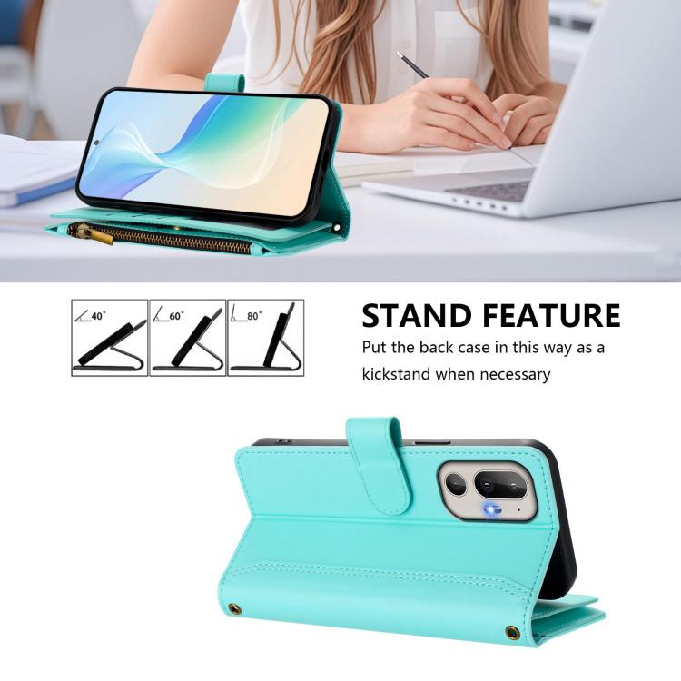 For HTC U24 Pro Magnetic Closure 9 Card Slots Zipper Leather Case with Hand Strap