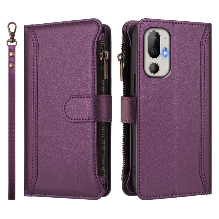 For HTC U24 Pro Magnetic Closure 9 Card Slots Zipper Leather Case with Hand Strap