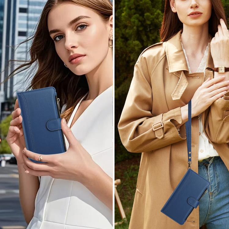 For HMD Fuison Magnetic Closure 9 Card Slots Zipper Leather Case with Hand Strap