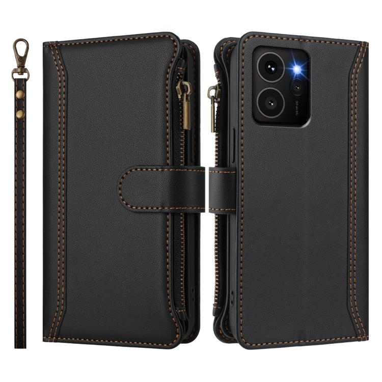 For HMD Skyline Magnetic Closure 9 Card Slots Zipper Leather Case with Hand Strap