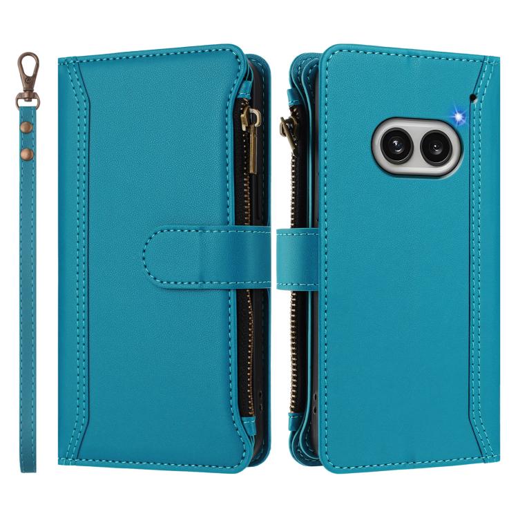 For Nothing Phone 2A Magnetic Closure 9 Card Slots Zipper Leather Case with Hand Strap