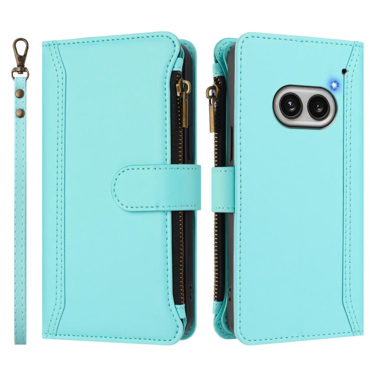 For Nothing Phone 2A Magnetic Closure 9 Card Slots Zipper Leather Case with Hand Strap