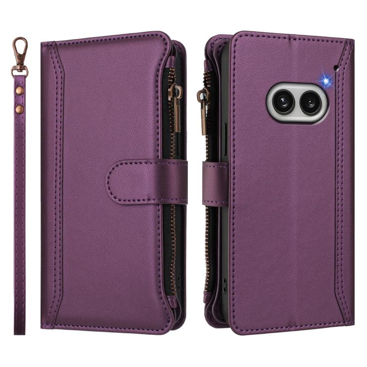 For Nothing Phone 2A Magnetic Closure 9 Card Slots Zipper Leather Case with Hand Strap