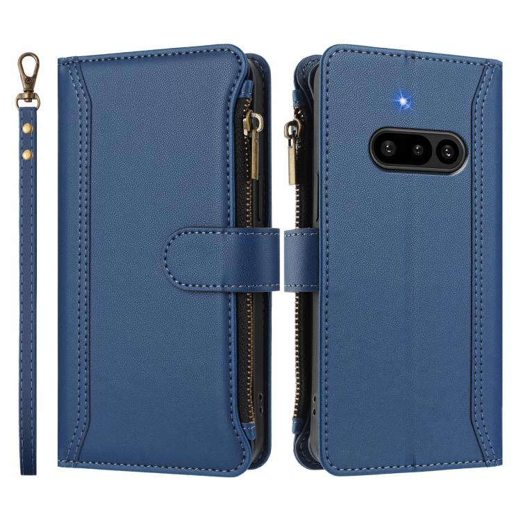 For Nothing Phone 3a Magnetic Closure 9 Card Slots Zipper Leather Case with Hand Strap