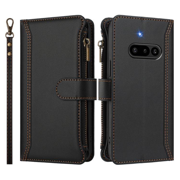 For Nothing Phone 3a Magnetic Closure 9 Card Slots Zipper Leather Case with Hand Strap