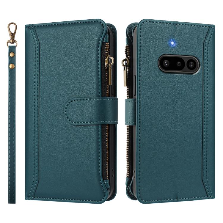 For Nothing Phone 3a Magnetic Closure 9 Card Slots Zipper Leather Case with Hand Strap