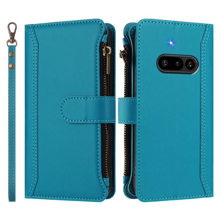 For Nothing Phone 3a Magnetic Closure 9 Card Slots Zipper Leather Case with Hand Strap