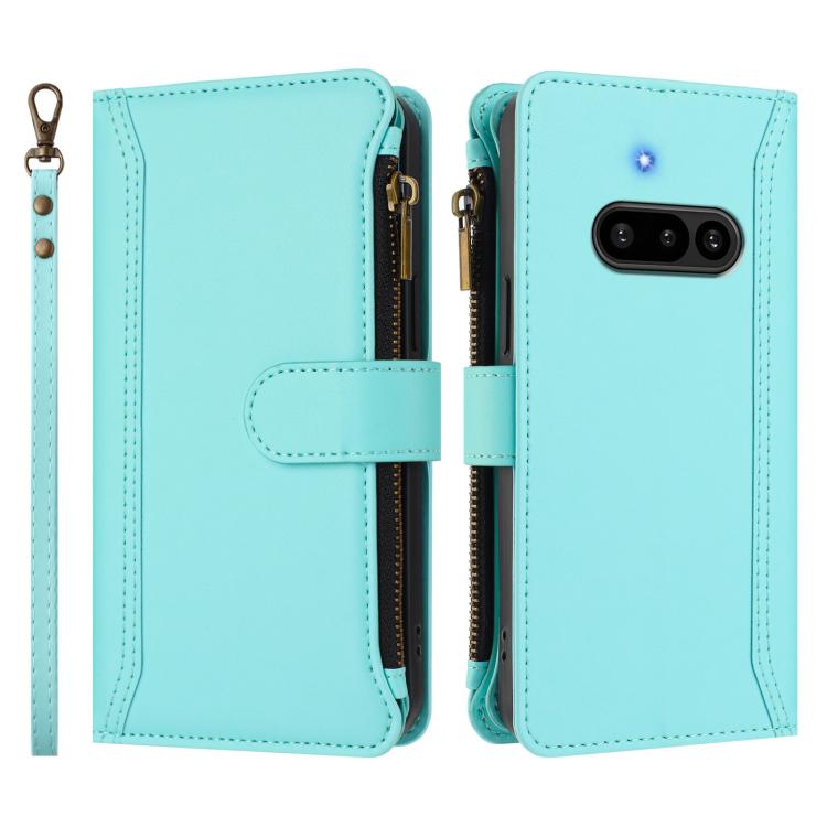 For Nothing Phone 3a Magnetic Closure 9 Card Slots Zipper Leather Case with Hand Strap