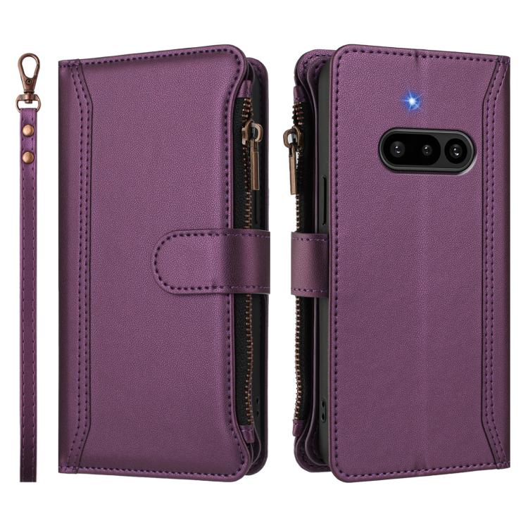 For Nothing Phone 3a Magnetic Closure 9 Card Slots Zipper Leather Case with Hand Strap