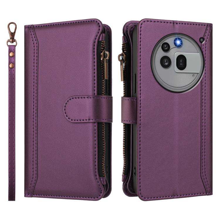 For Nothing Phone 3a Pro Magnetic Closure 9 Card Slots Zipper Leather Case with Hand Strap