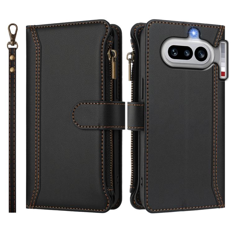 For Nothing Phone 4a Magnetic Closure 9 Card Slots Zipper Leather Case with Hand Strap