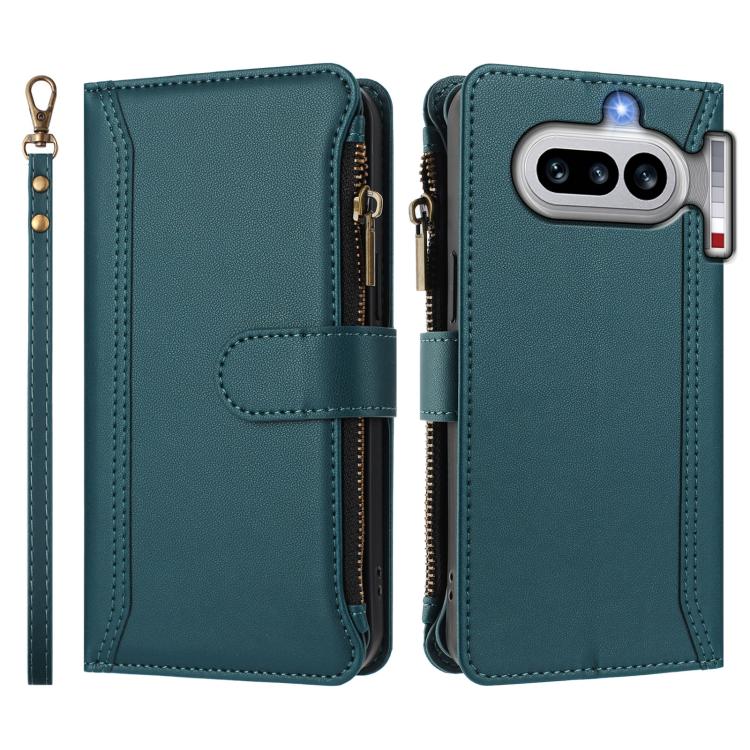 For Nothing Phone 4a Magnetic Closure 9 Card Slots Zipper Leather Case with Hand Strap