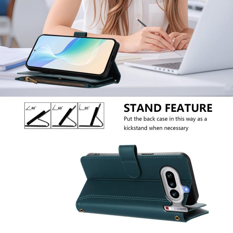 For Nothing Phone 4a Magnetic Closure 9 Card Slots Zipper Leather Case with Hand Strap