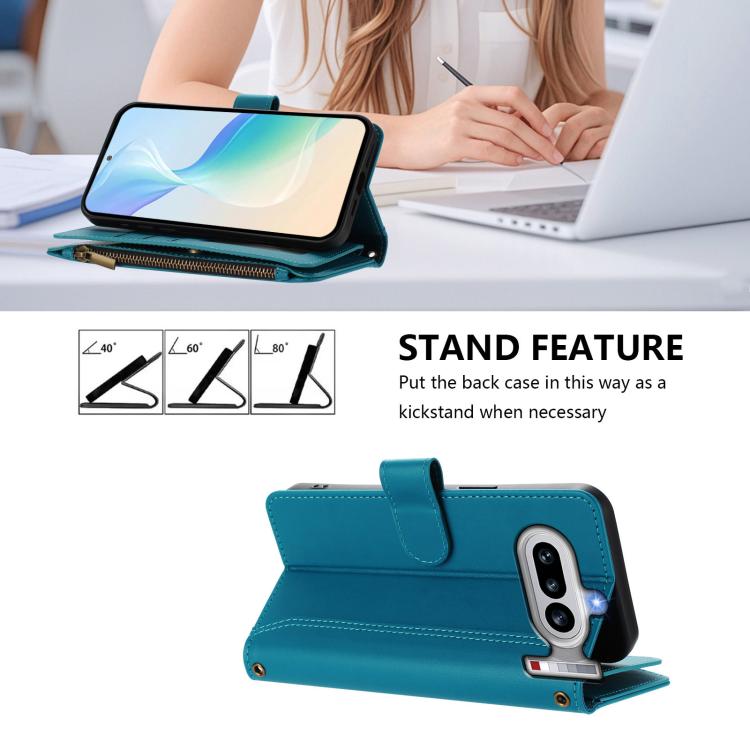 For Nothing Phone 4a Magnetic Closure 9 Card Slots Zipper Leather Case with Hand Strap