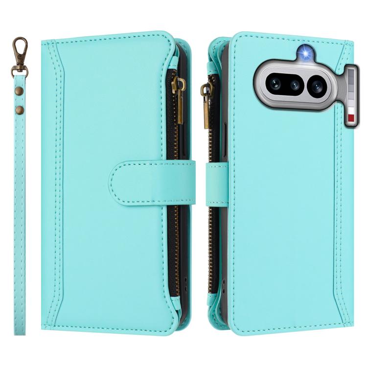 For Nothing Phone 4a Magnetic Closure 9 Card Slots Zipper Leather Case with Hand Strap