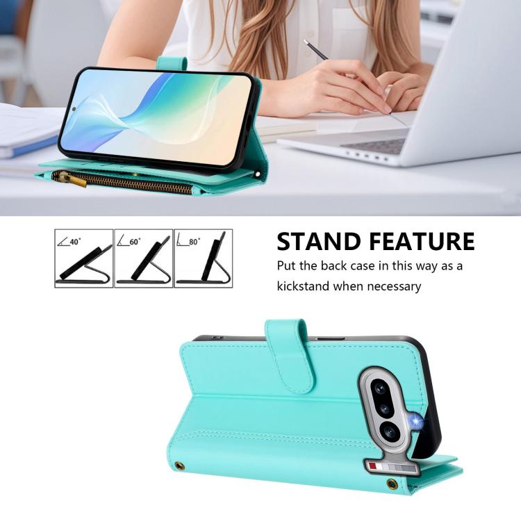 For Nothing Phone 4a Magnetic Closure 9 Card Slots Zipper Leather Case with Hand Strap