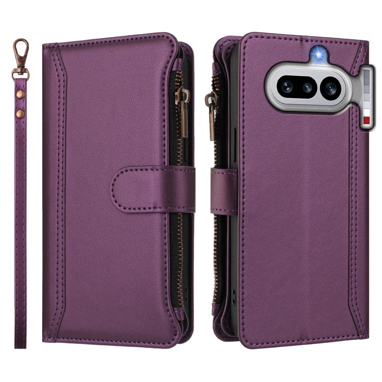 For Nothing Phone 4a Magnetic Closure 9 Card Slots Zipper Leather Case with Hand Strap