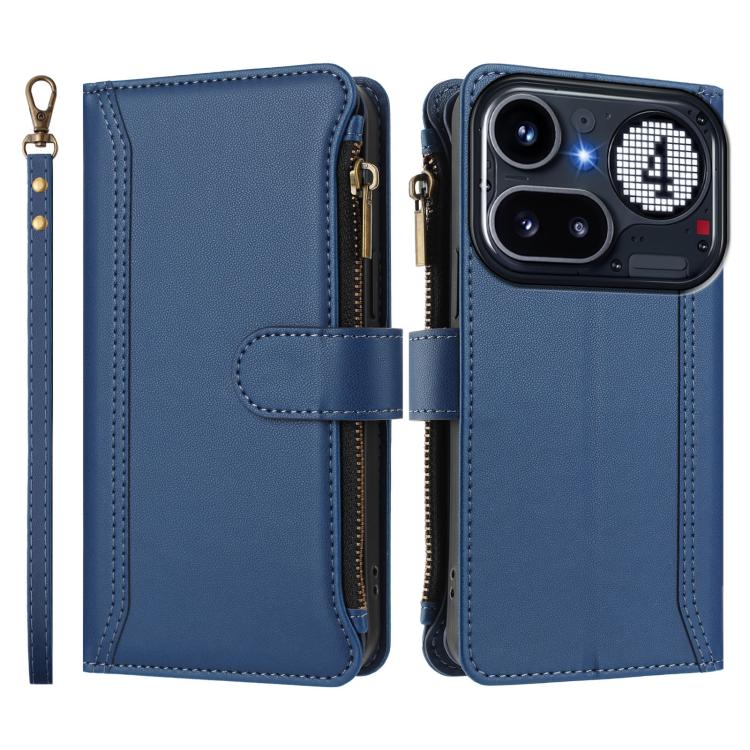 For Nothing Phone 4a Pro Magnetic Closure 9 Card Slots Zipper Leather Case with Hand Strap