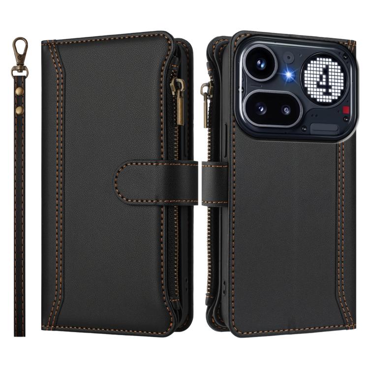 For Nothing Phone 4a Pro Magnetic Closure 9 Card Slots Zipper Leather Case with Hand Strap