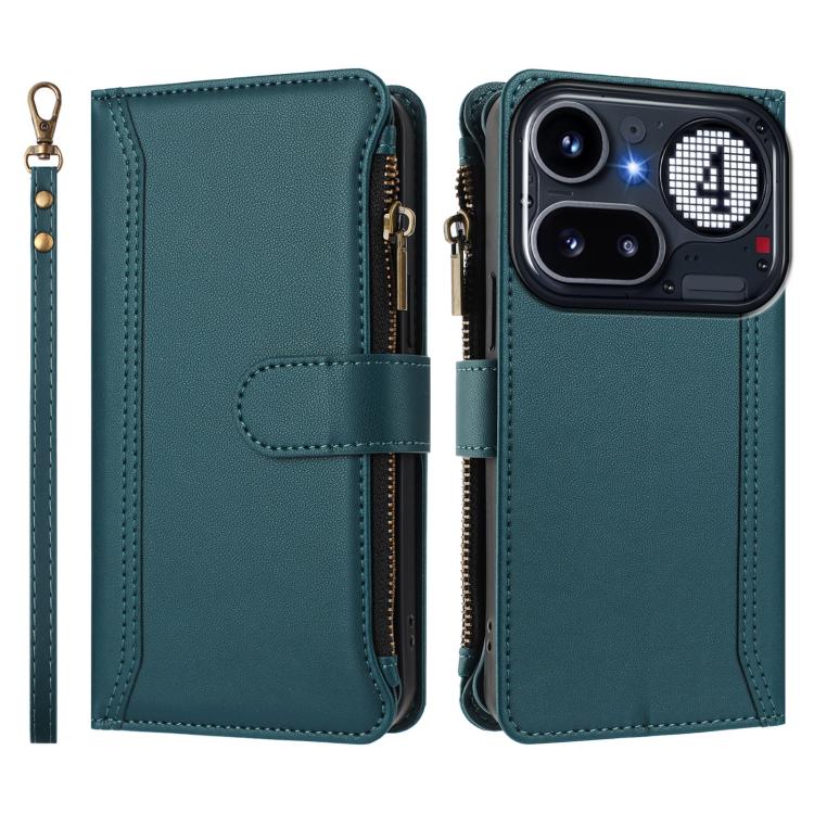 For Nothing Phone 4a Pro Magnetic Closure 9 Card Slots Zipper Leather Case with Hand Strap