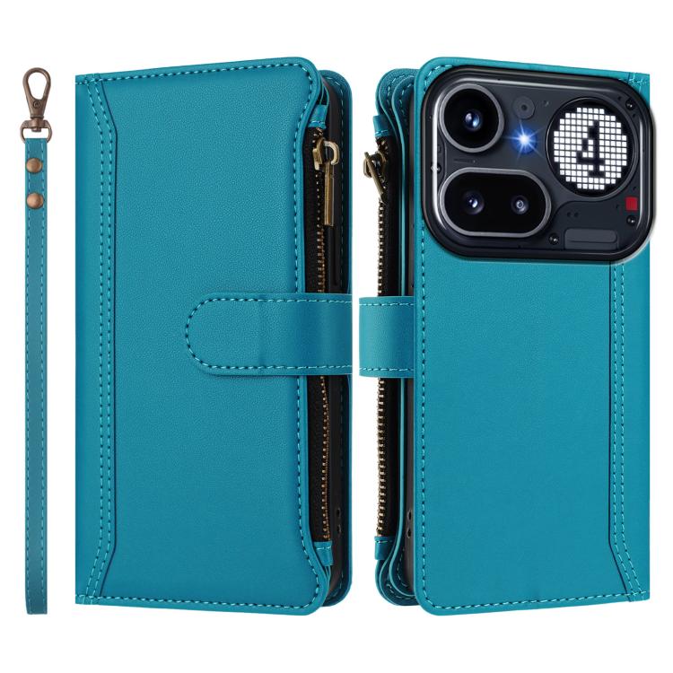 For Nothing Phone 4a Pro Magnetic Closure 9 Card Slots Zipper Leather Case with Hand Strap