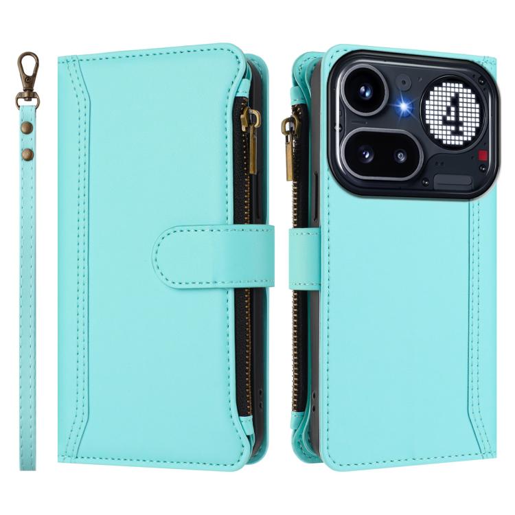 For Nothing Phone 4a Pro Magnetic Closure 9 Card Slots Zipper Leather Case with Hand Strap
