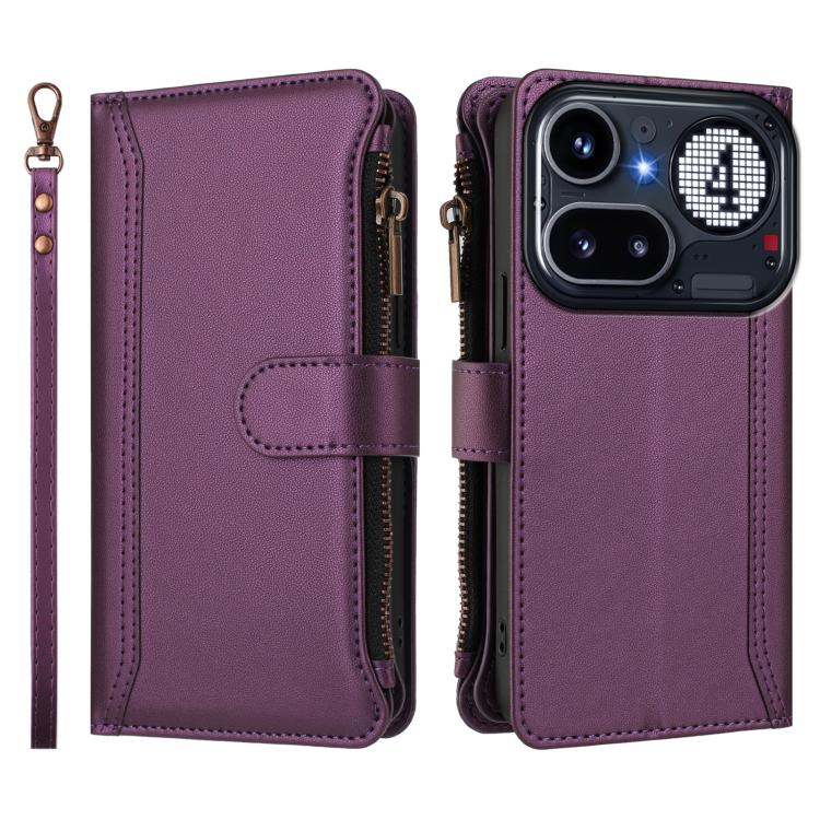 For Nothing Phone 4a Pro Magnetic Closure 9 Card Slots Zipper Leather Case with Hand Strap