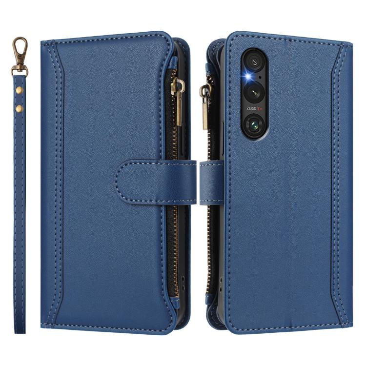 For Sony Xperia 1 V 2023 Magnetic Closure 9 Card Slots Zipper Leather Case with Hand Strap