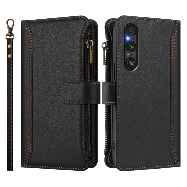 For Sony Xperia 1 V 2023 Magnetic Closure 9 Card Slots Zipper Leather Case with Hand Strap