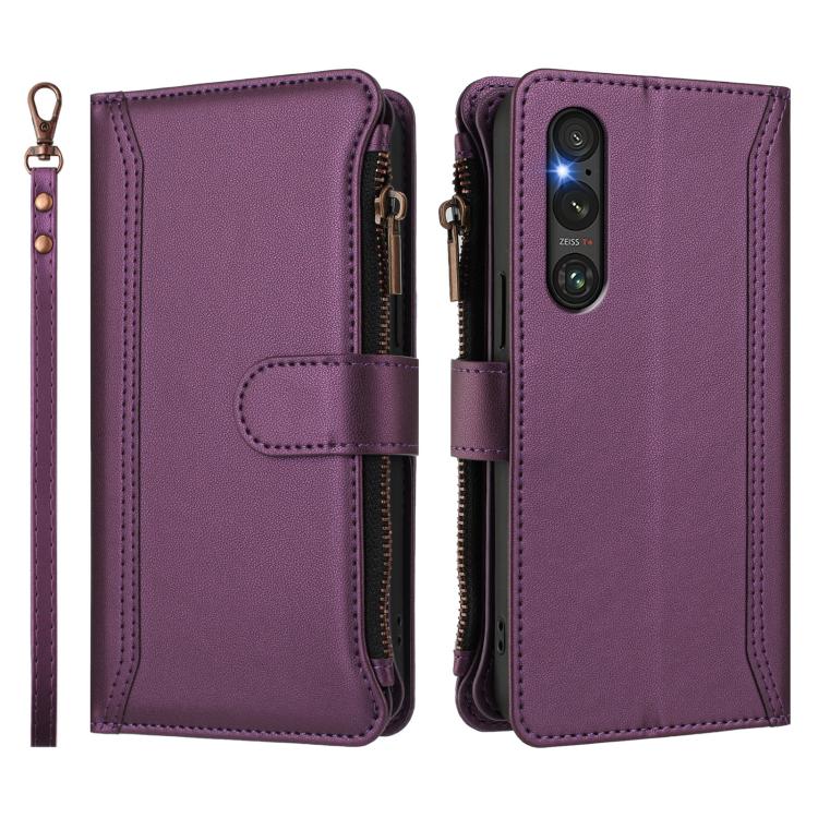 For Sony Xperia 1 V 2023 Magnetic Closure 9 Card Slots Zipper Leather Case with Hand Strap