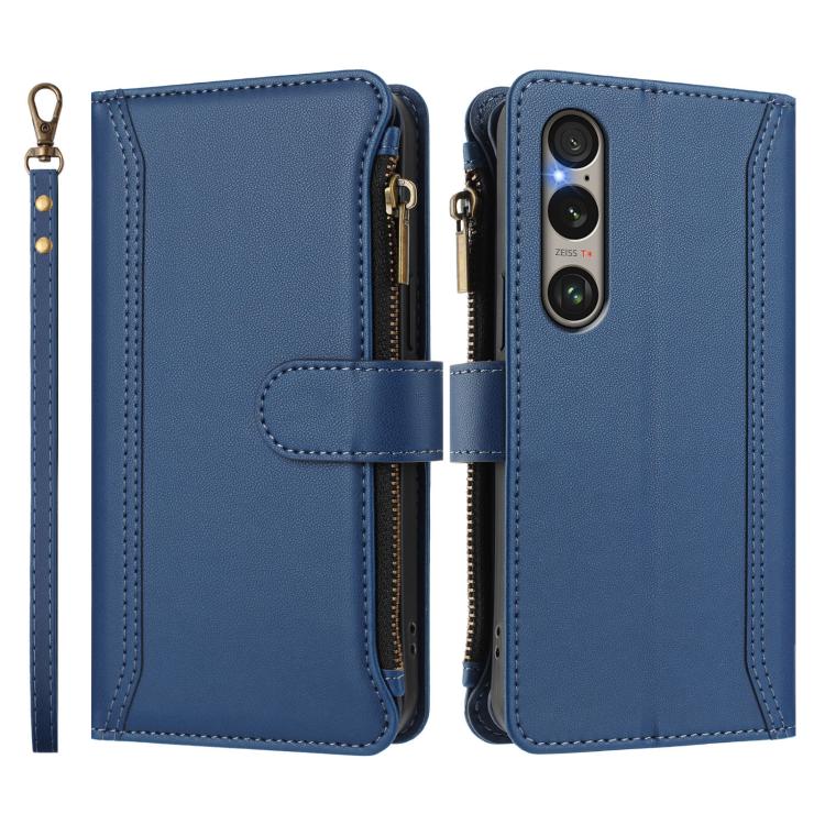 For Sony Xperia 1 VI 2024 Magnetic Closure 9 Card Slots Zipper Leather Case with Hand Strap