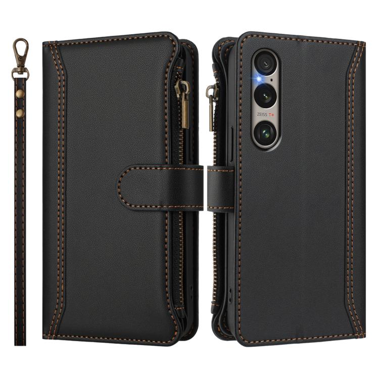 For Sony Xperia 1 VI 2024 Magnetic Closure 9 Card Slots Zipper Leather Case with Hand Strap
