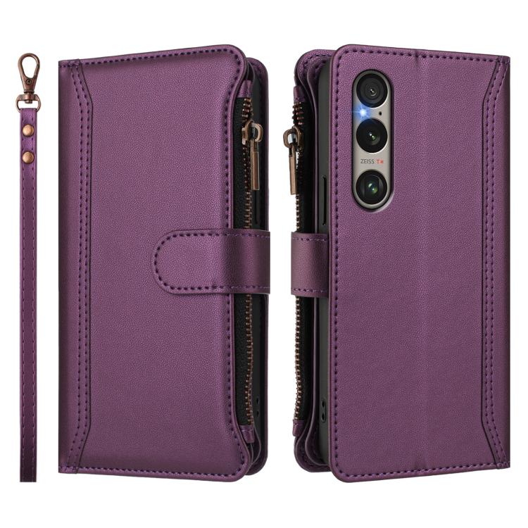 For Sony Xperia 1 VI 2024 Magnetic Closure 9 Card Slots Zipper Leather Case with Hand Strap