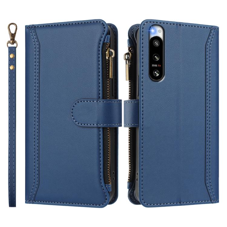 For Sony Xperia 5 IV Magnetic Closure 9 Card Slots Zipper Leather Case with Hand Strap