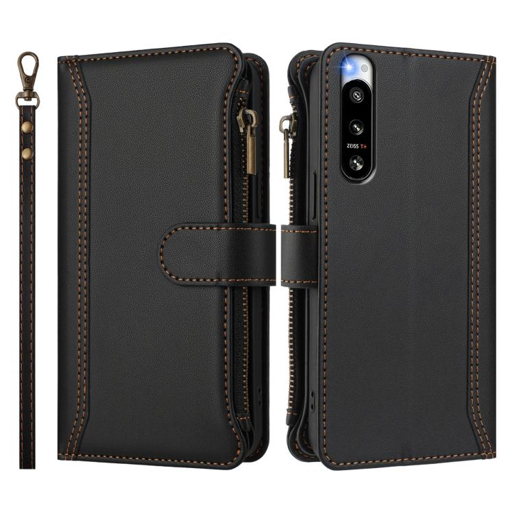 For Sony Xperia 5 IV Magnetic Closure 9 Card Slots Zipper Leather Case with Hand Strap