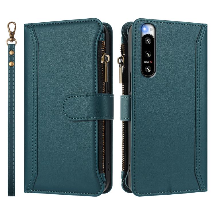 For Sony Xperia 5 IV Magnetic Closure 9 Card Slots Zipper Leather Case with Hand Strap