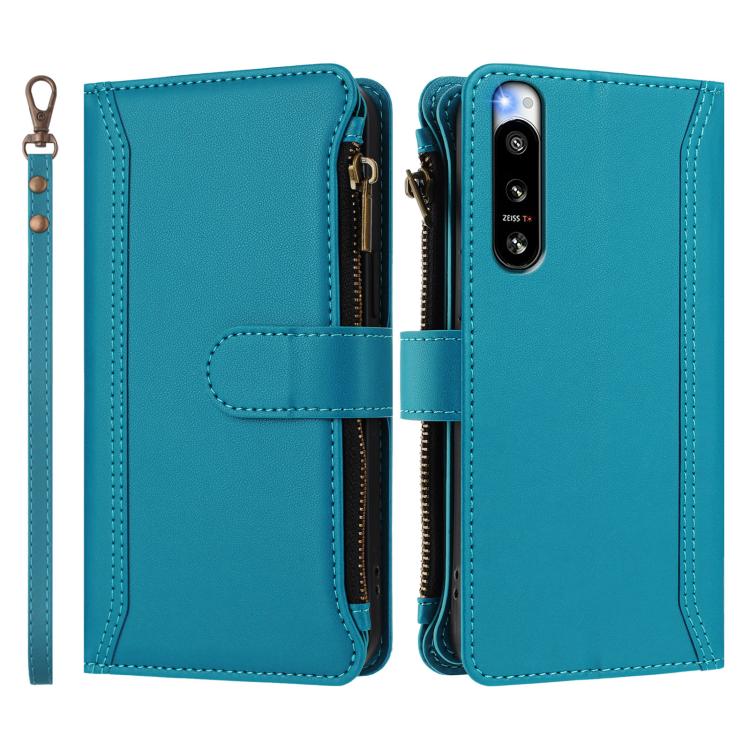 For Sony Xperia 5 IV Magnetic Closure 9 Card Slots Zipper Leather Case with Hand Strap