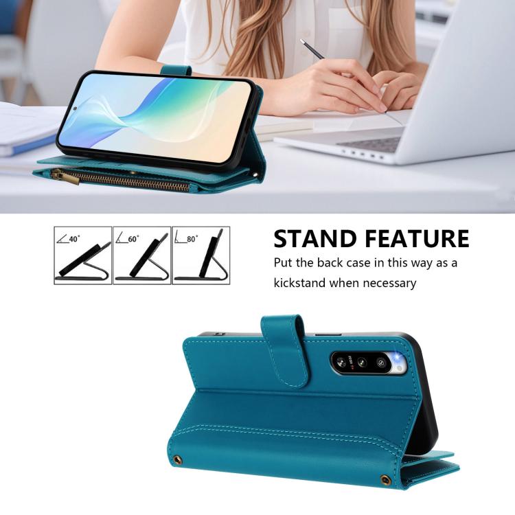 For Sony Xperia 5 IV Magnetic Closure 9 Card Slots Zipper Leather Case with Hand Strap