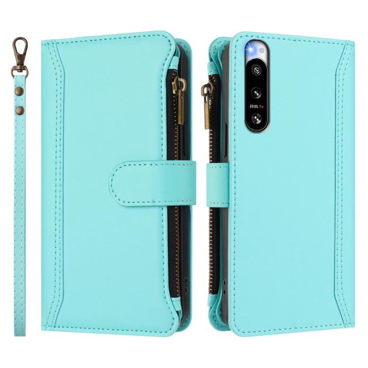 For Sony Xperia 5 IV Magnetic Closure 9 Card Slots Zipper Leather Case with Hand Strap