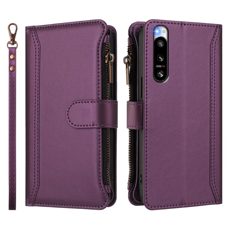 For Sony Xperia 5 IV Magnetic Closure 9 Card Slots Zipper Leather Case with Hand Strap