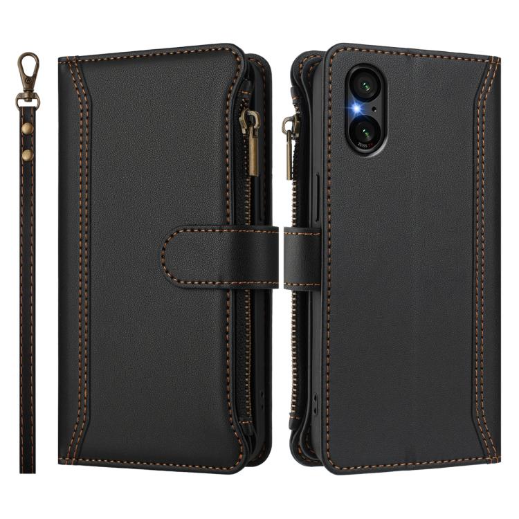 For Sony Xperia 5 V Magnetic Closure 9 Card Slots Zipper Leather Case with Hand Strap
