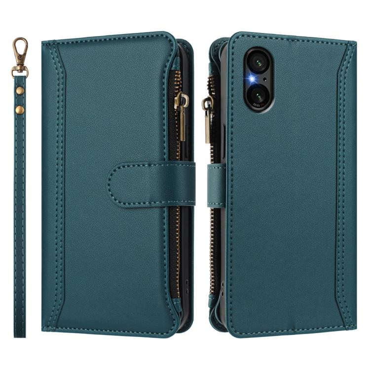 For Sony Xperia 5 V Magnetic Closure 9 Card Slots Zipper Leather Case with Hand Strap