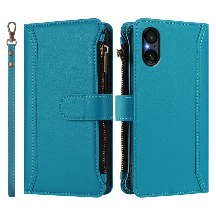 For Sony Xperia 5 V Magnetic Closure 9 Card Slots Zipper Leather Case with Hand Strap