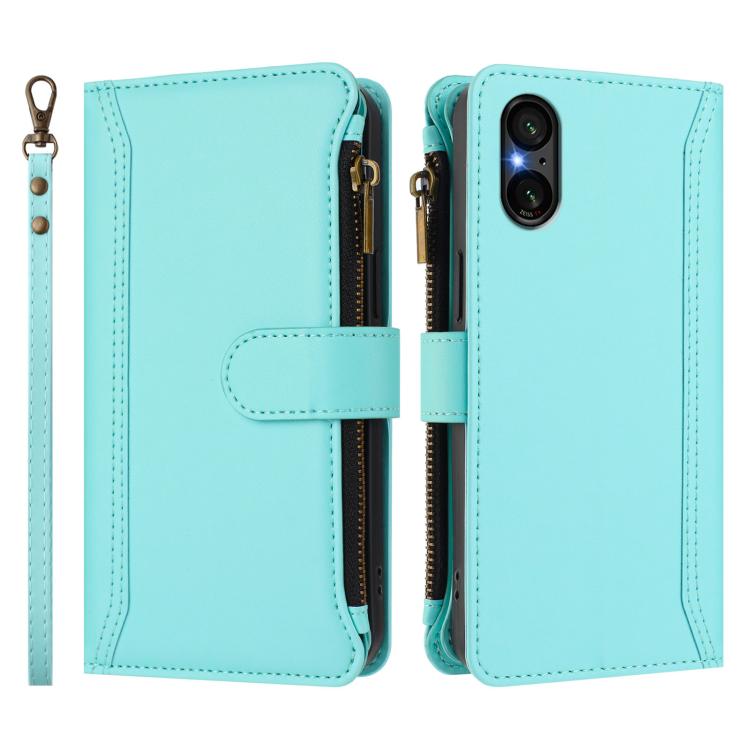 For Sony Xperia 5 V Magnetic Closure 9 Card Slots Zipper Leather Case with Hand Strap