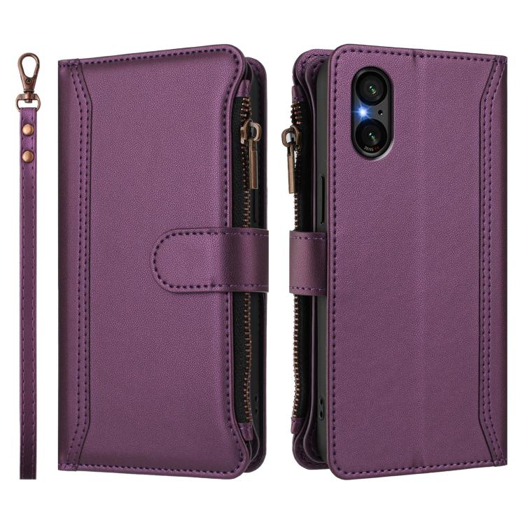 For Sony Xperia 5 V Magnetic Closure 9 Card Slots Zipper Leather Case with Hand Strap