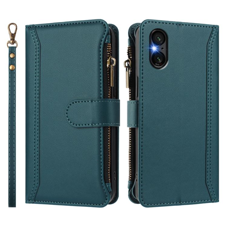 For Sony Xperia 5 VI Magnetic Closure 9 Card Slots Zipper Leather Case with Hand Strap